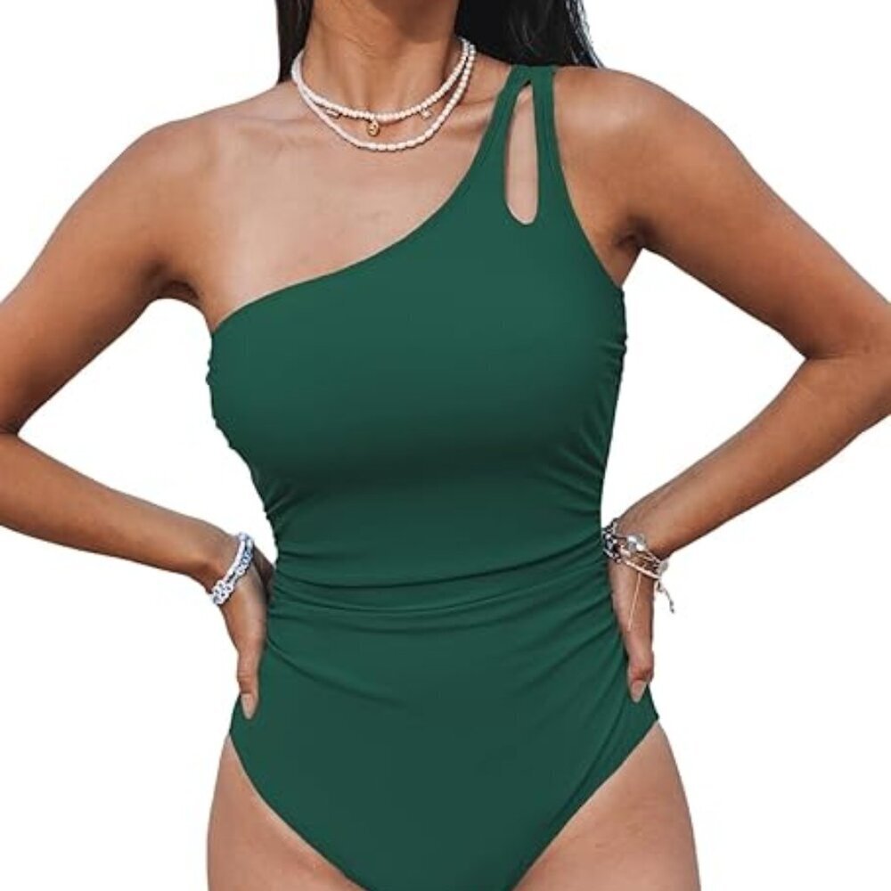 CUPSHE JADE GREEN Ruched Cut-Out One Shoulder One Piece Swimsuit SIZE MEDIUM NWT